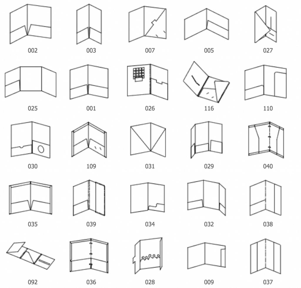Presentation folders and pocket folders of various configurations